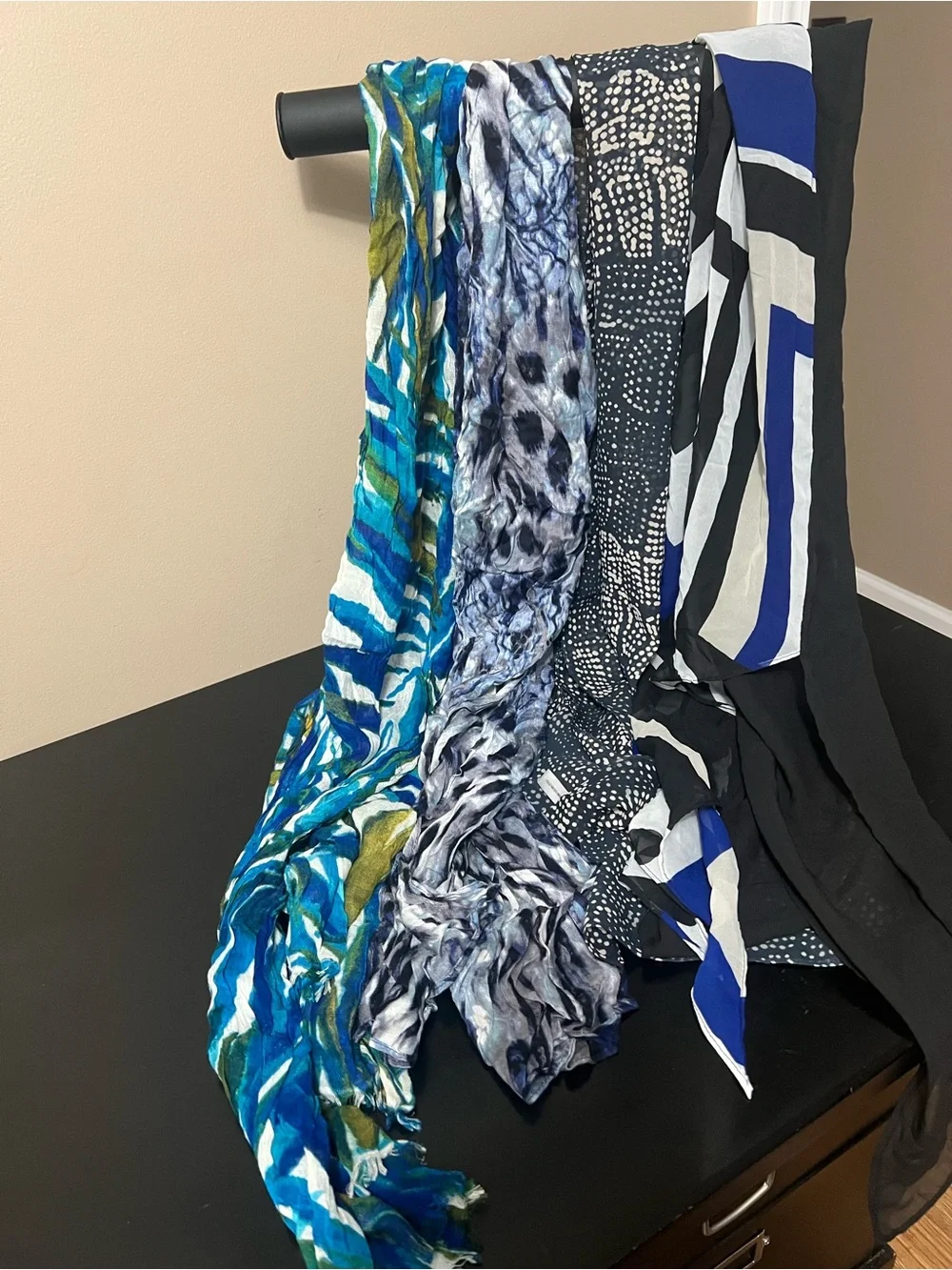 4 Colorful Mixed Pattern Scarves - Blue, Black, White